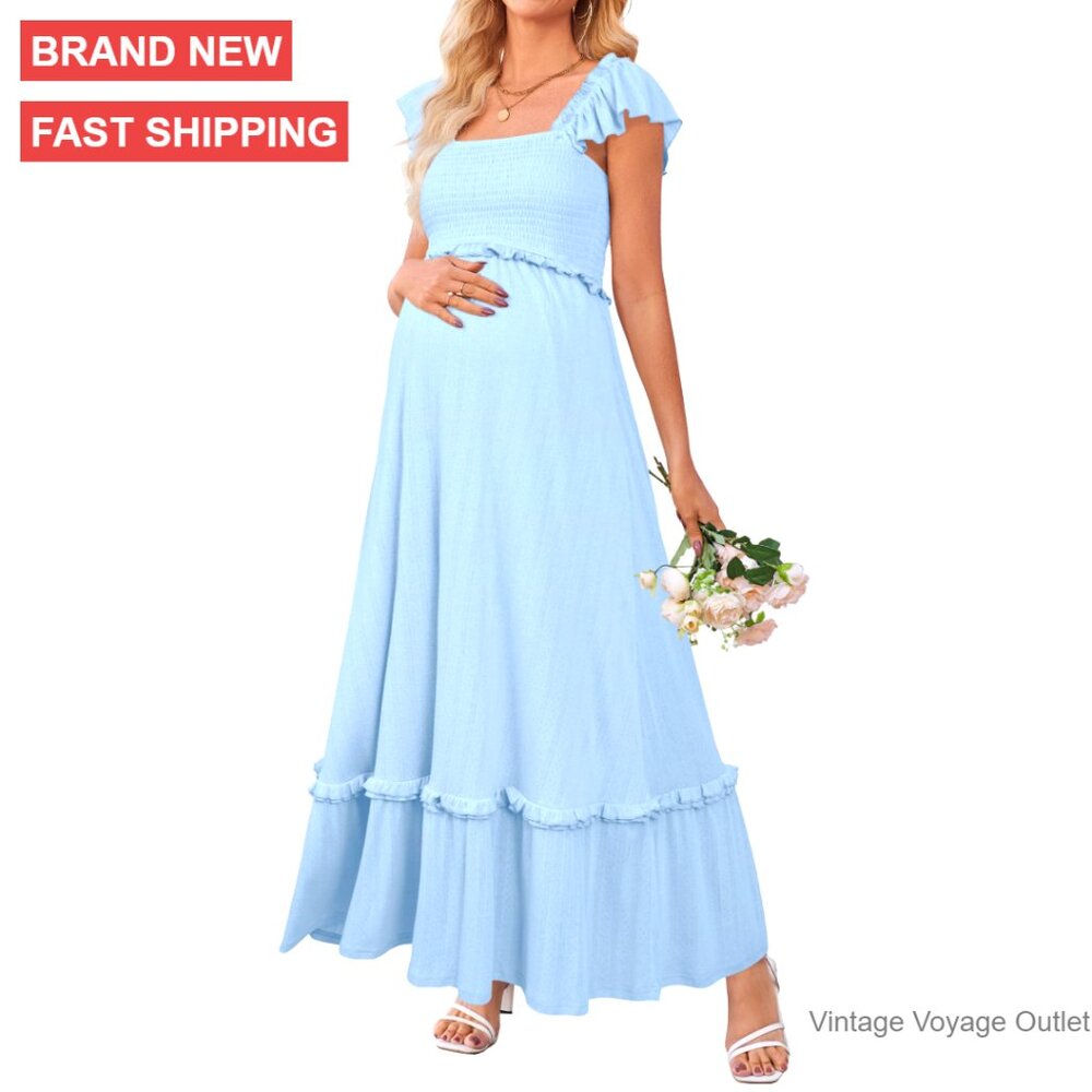 Maternity Maxi Dress Smocked Boho Ruffle Sleeve Baby Shower Photoshoot